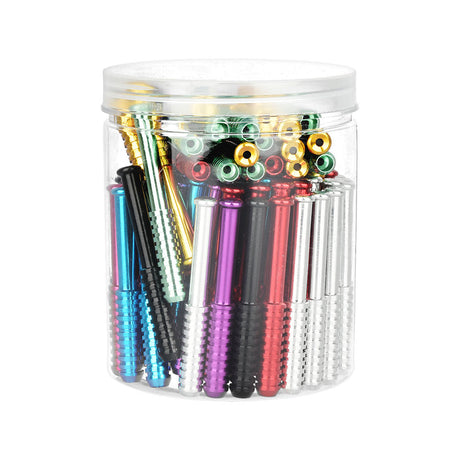 Clear jar filled with 100 assorted colors 3" pinch hitter pipes, front view on white background