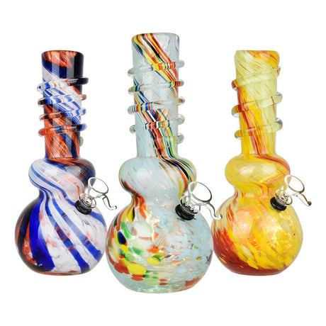 Trio of Frenetic Frit Soft Glass Water Pipes with colorful stripe designs, 10.25" height, front view