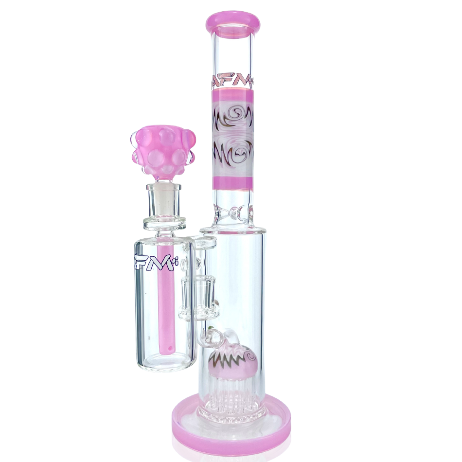 14" AFM Glass Pink Straight Tube Bong with Showerhead Perc and AshCatcher Front View