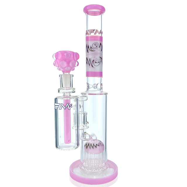 14" AFM Glass Pink Straight Tube Bong with Showerhead Perc and AshCatcher Front View