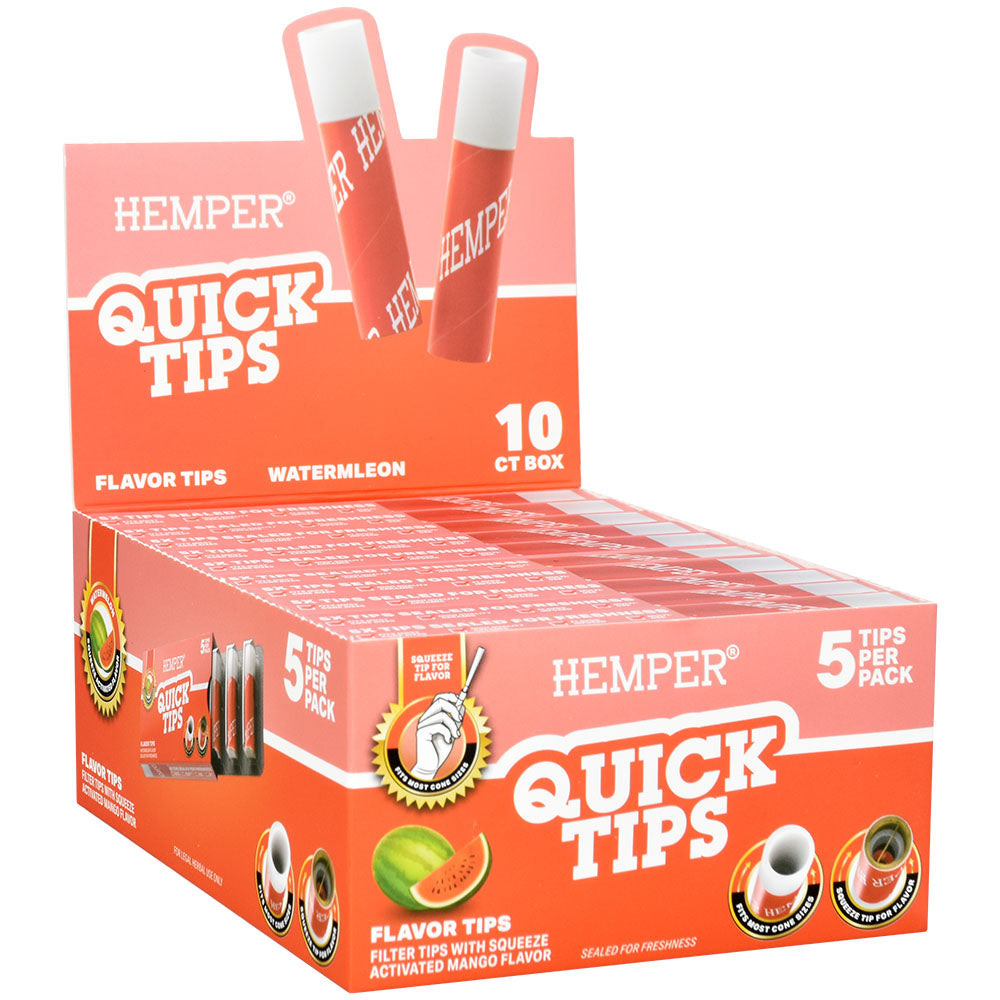Hemper Quick Tips display box with 10 packs of 5pk watermelon flavored rolling paper cones