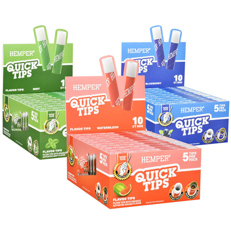 Hemper Quick Tips 10PC Display boxes in various flavors, front view on white background