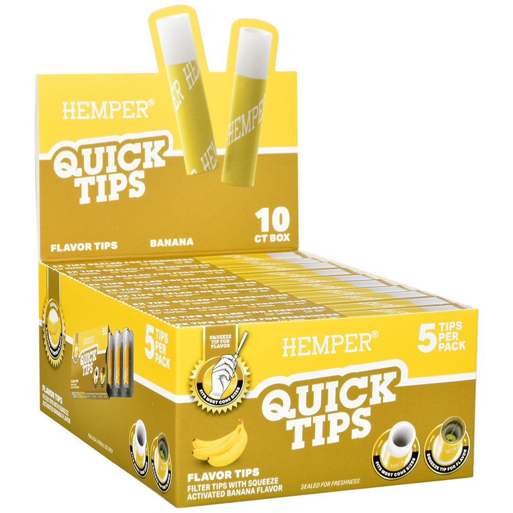 Hemper Quick Tips 10-pack display box with 5 banana-flavored filter tips per pack