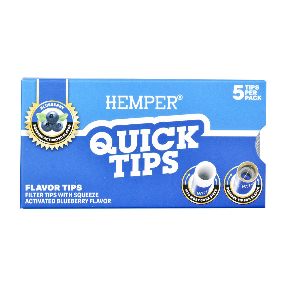 Front view of Hemper Quick Tips 5pk display box, blueberry flavor filter tips for rolling