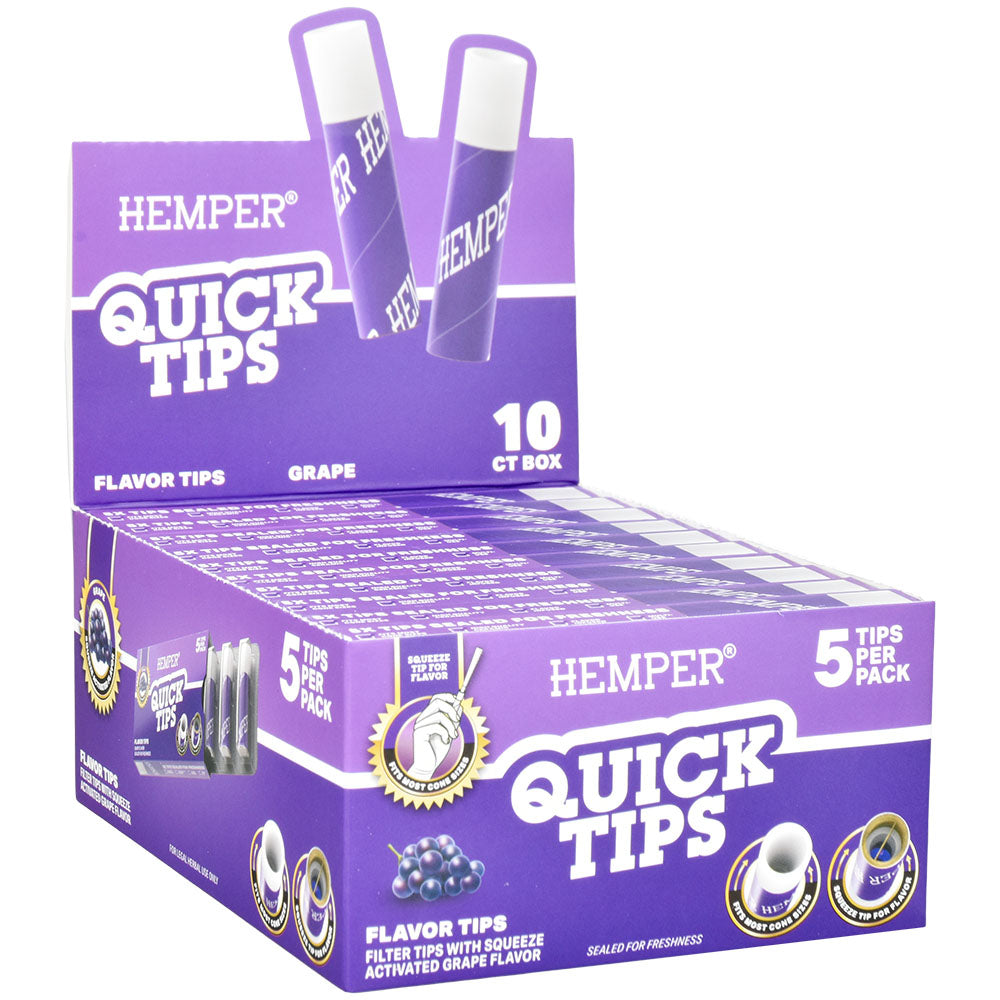 Hemper Quick Tips 10PC Display Box, Grape Flavor Filter Tips, 5 Packs, Front View
