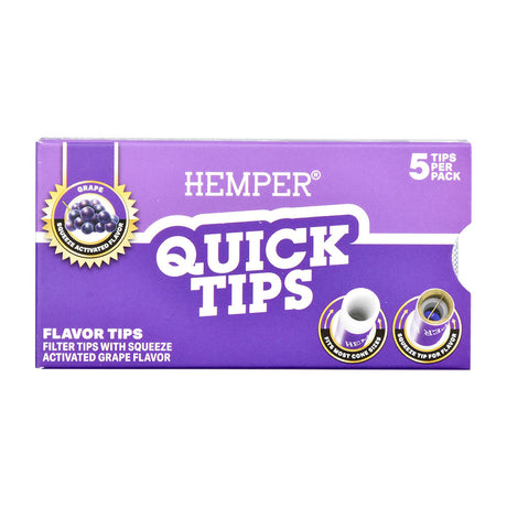 Front view of Hemper Quick Tips 5-pack display box with grape flavor filter tips for rolling papers