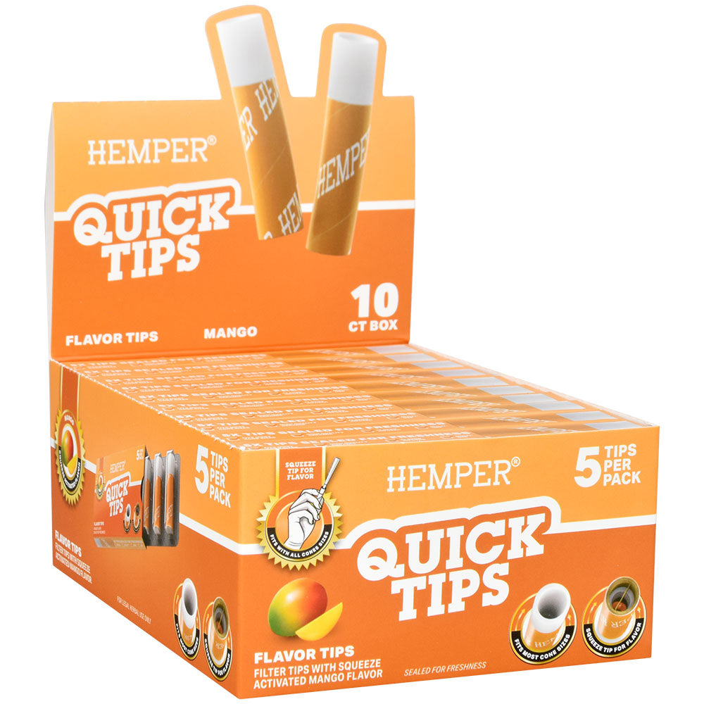 Hemper Quick Tips 10-Pack Display Box with 5 Mango Flavor Filter Tips per Pack - Front View