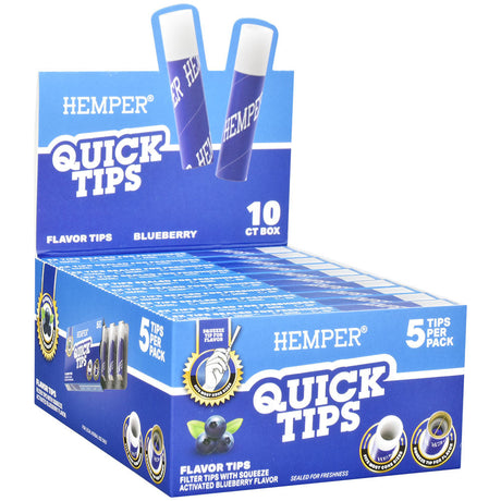 Hemper Quick Tips display box with 10 packs of 5pk blueberry flavor rolling paper cones.