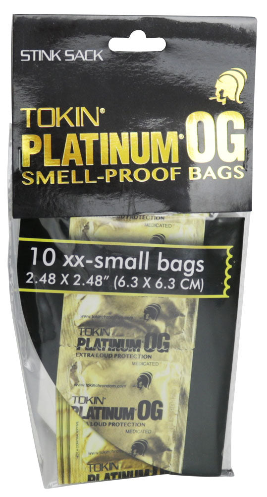 Stink Sack Tokin Platinum OG 10pc Smell-Proof Bags in Gold, Front View on White Background