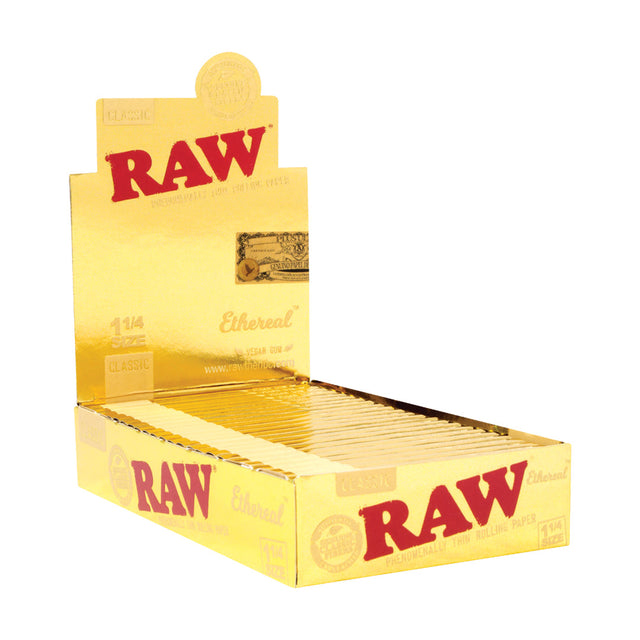 RAW Ethereal 1 1-4 Rolling Papers box open showing individual packs
