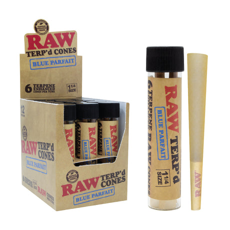 RAW Terp'd Cones - Blue Parfait 1 1/4 size with display box, front view, ideal for enhanced flavor