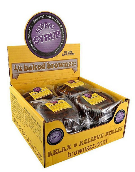 Sippin Syrup ½ Baked Brownzzz Relaxation Supplement 12pc Display in a yellow box, front view