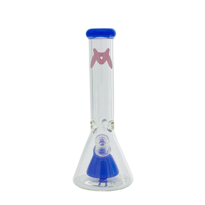 MAV Glass 12" Beaker with Blue Slitted Pyramid Perc & Ice Pinch, 7mm Thick, Front View