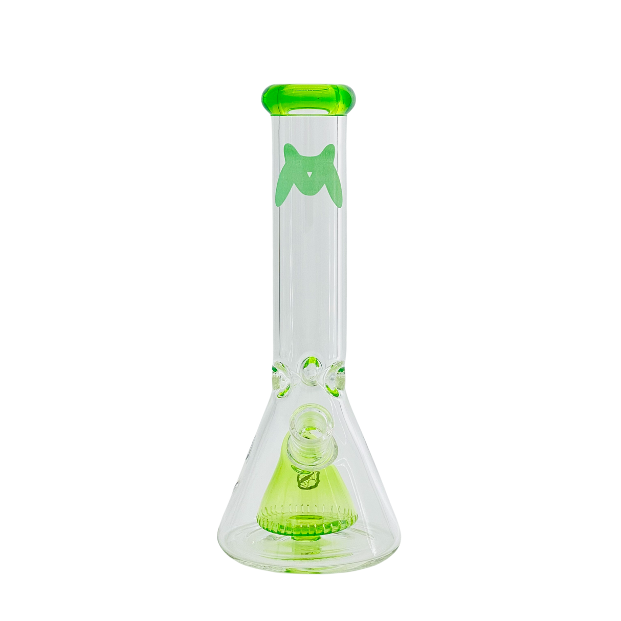 MAV Glass 12" x 7mm Slitted Pyramid Beaker Bong with Green Accents - Front View