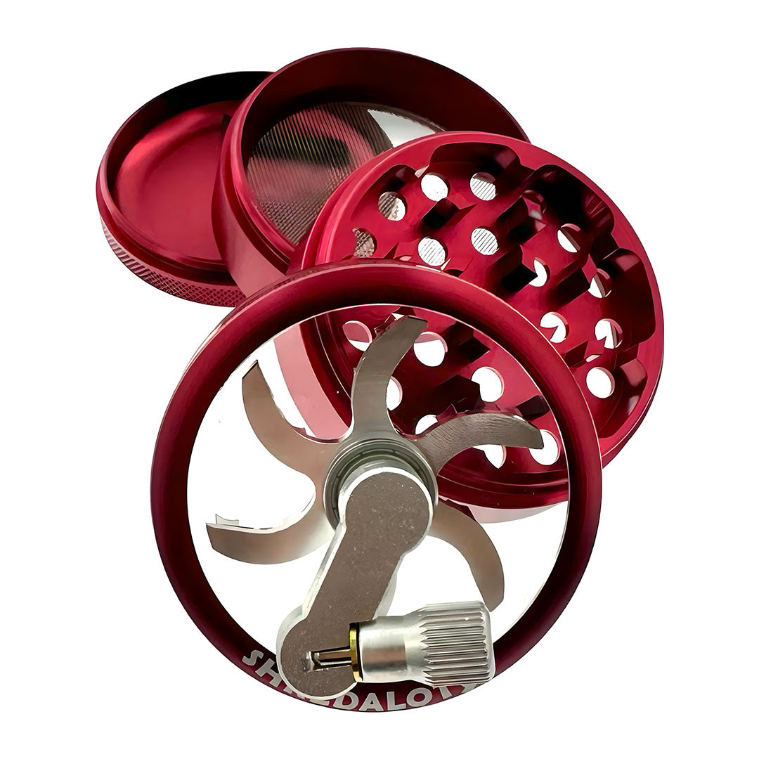 Sir Shredalot Crank top 4-part Grinder in red with sharp teeth and pollen screen, disassembled view