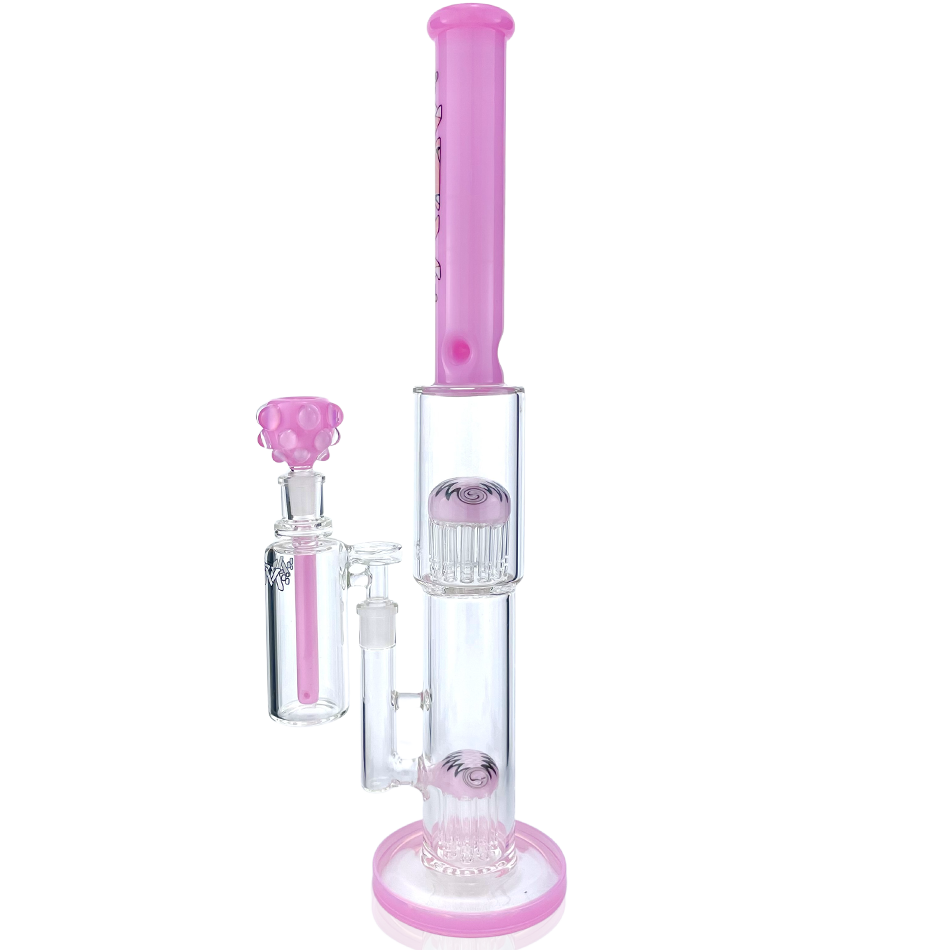 19" AFM Double Hitter Reversal Straight Tube Bong with Pink Accents and Showerhead Perc