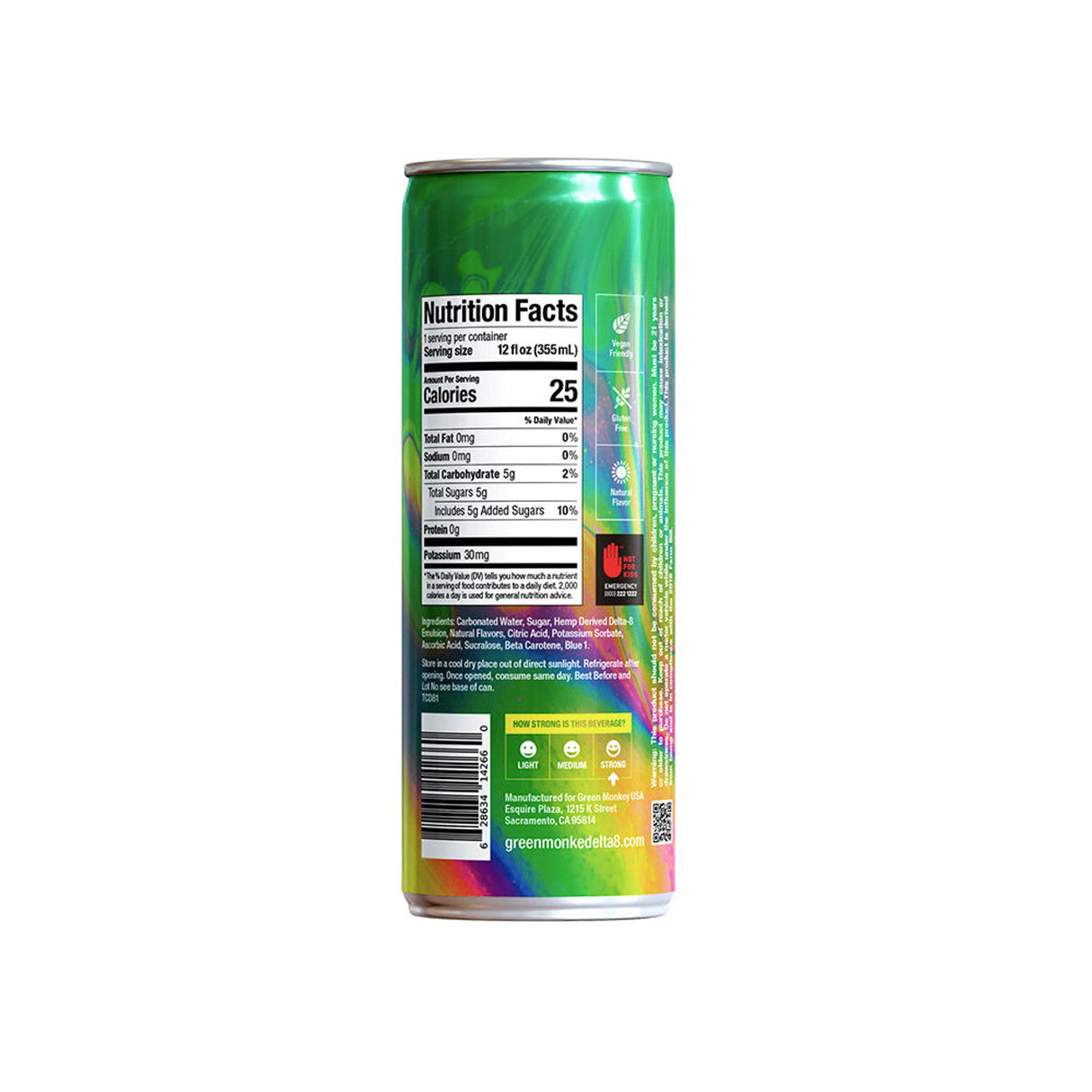 Green Monké 25mg Delta 8 Tropical Citrus Drink - Nutrition Facts Side View