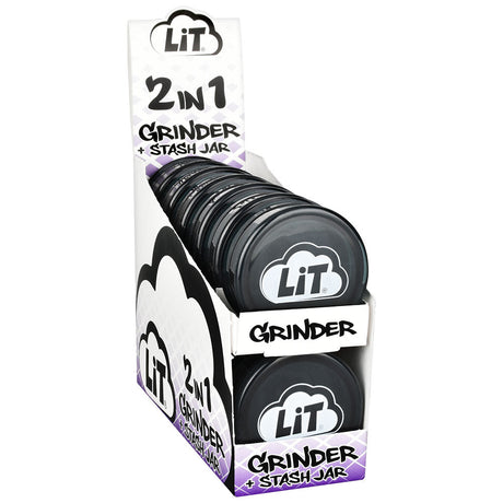 Display of 12PC LiT 2-In-1 Acrylic Grinders & Stash Jars in Black, 2.25" size, front view