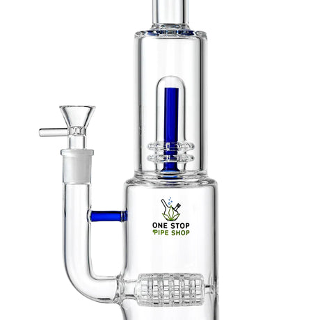 1Stop Glass 13" Bong with Blue Accents, UFO & Barrel Percs, Front View on White Background