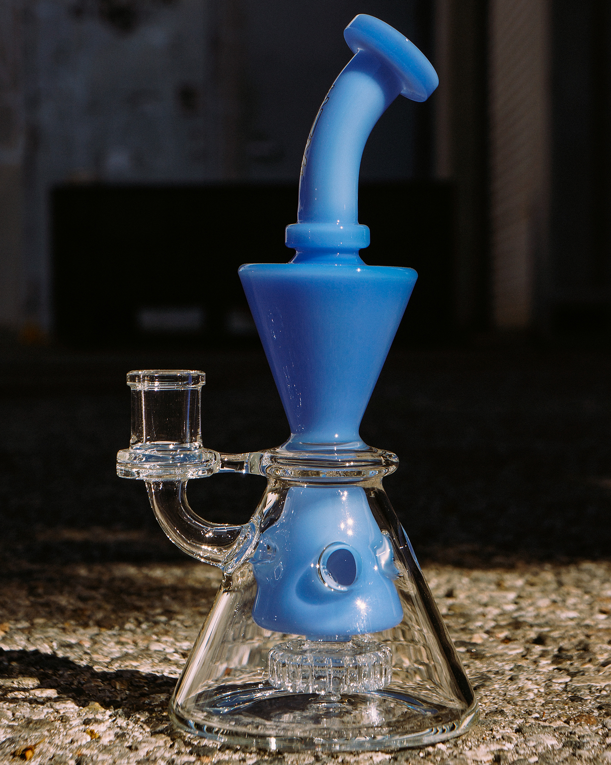 9" AFM Swiss Cheese Glass Dab Rig with Showerhead Perc and Blue Accents - Front View