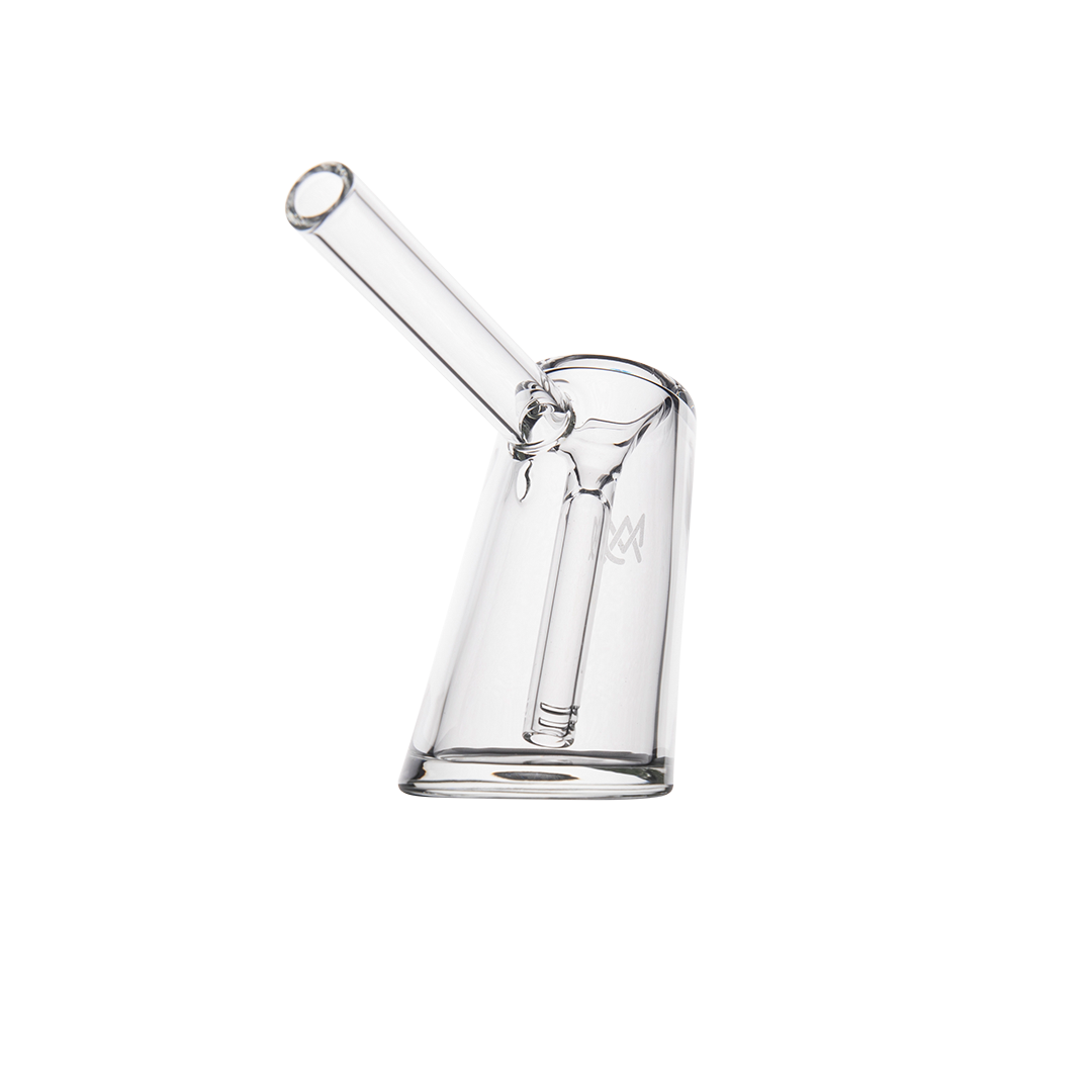 MJ Arsenal Fulcrum Bubbler in clear borosilicate glass, side view on white background