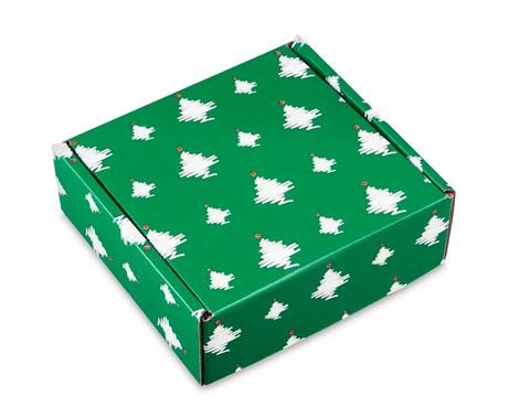 MAV GLASS $140 holiday Mystery Box with tree pattern, top angle view on white background