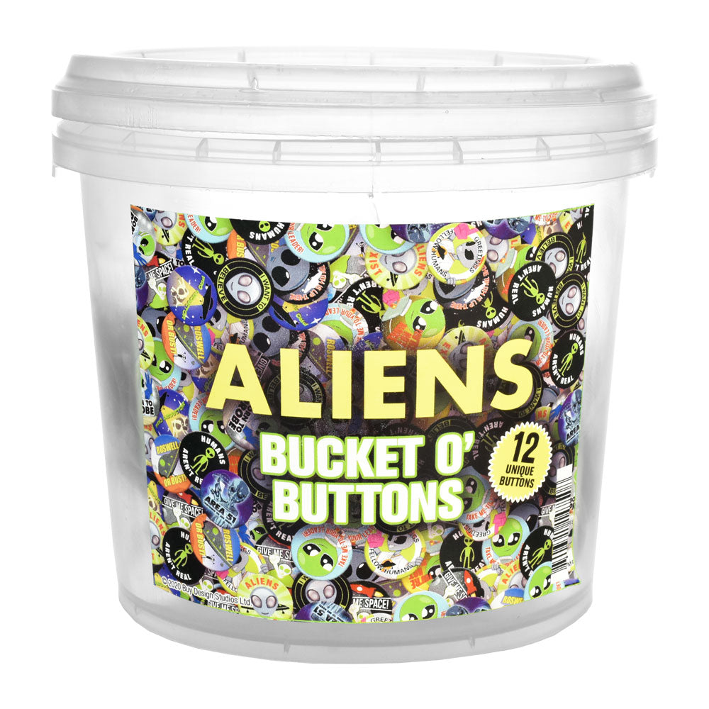 144PC Bucket of 1.25" Assorted Alien-Themed Pinback Buttons - Front View