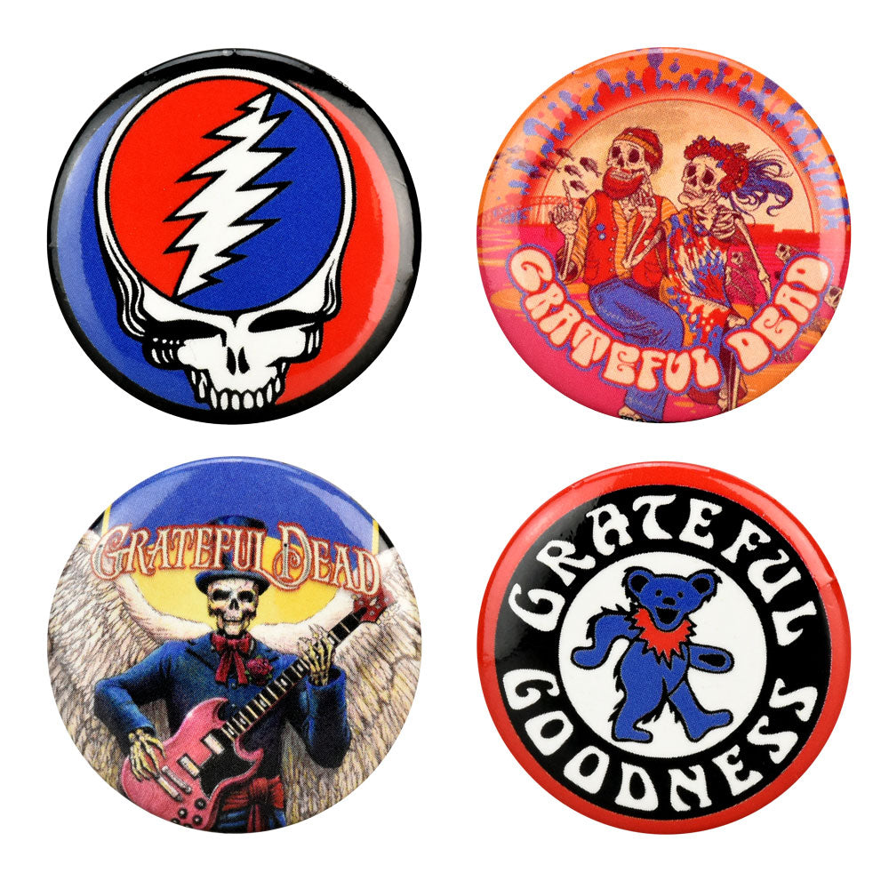 Assorted 1.25" Grateful Dead themed pinback buttons in vibrant colors, top view