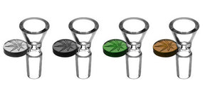 Assorted colors 14mm Male Herb Slide with Embossed Leaf Tab in a row on white background