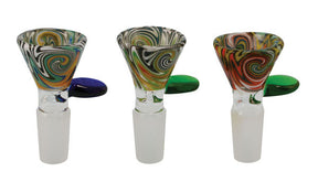Three 14mm Male Herb Slides with Handles in Swirl Design, Front View on White Background
