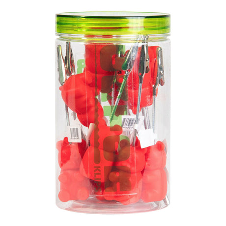 Assorted colors Gator Klips Gummy Bear Memo Clips in a clear 4.5" jar with green lid, front view