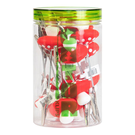 Gator Klips 14PC JAR with Mushroom Memo Clips in black, red, and white, 4.5" steel clips, front view
