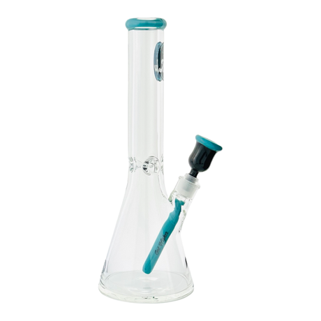 MAV Glass 15" x 9mm Chiquita Accented Beaker Bong with teal highlights, front view on white background