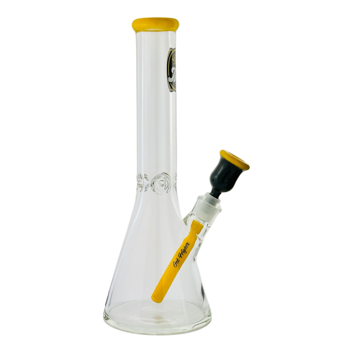 MAV Glass 15" Chiquita Beaker Bong with yellow accents and bowl, front view on white background