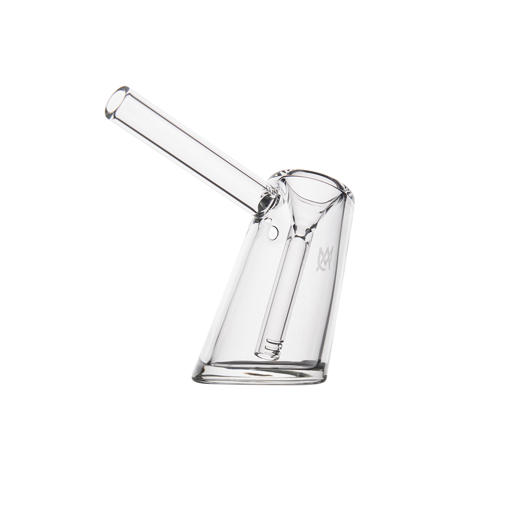 MJ Arsenal Fulcrum Bubbler in clear borosilicate, angled side view on white background