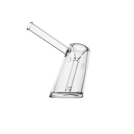 MJ Arsenal Fulcrum Bubbler in clear borosilicate, angled side view on white background