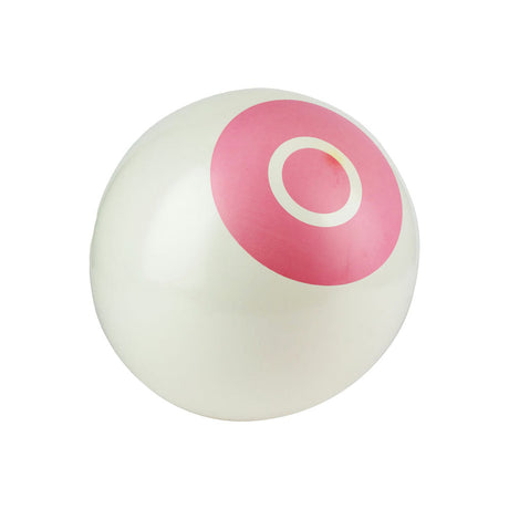 Inflated novelty boobie balloon with pink nipple design on white background