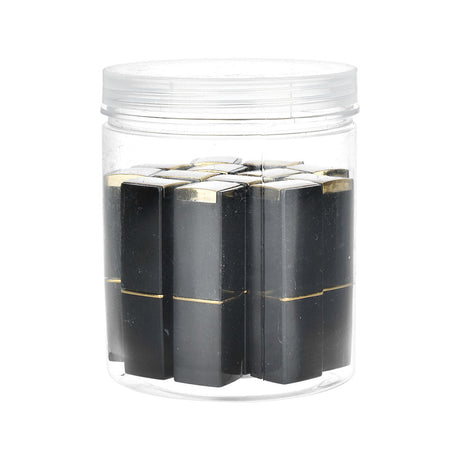 Clear jar containing 15 black and gold lipstick-shaped Myster hand pipes, front view on white background