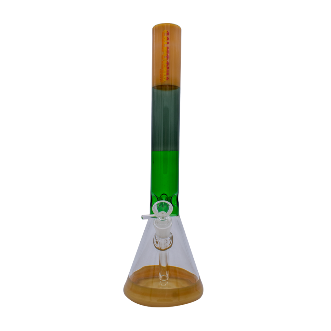 16" California Beaker - Desert bong with transparent amber base and green accents, front view