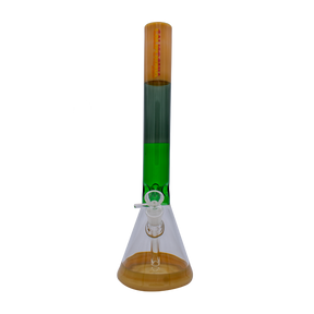 16" California Beaker - Desert bong with transparent amber base and green accents, front view
