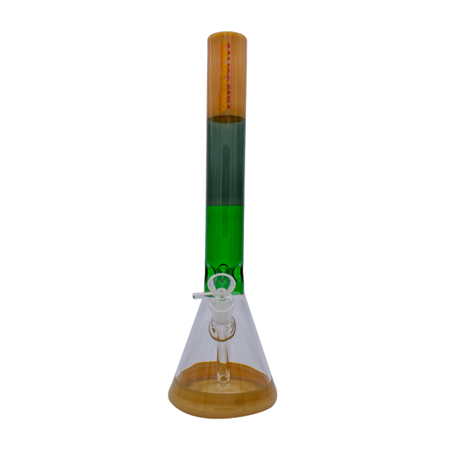 16" California Beaker - Desert bong with transparent amber base and green accents, front view