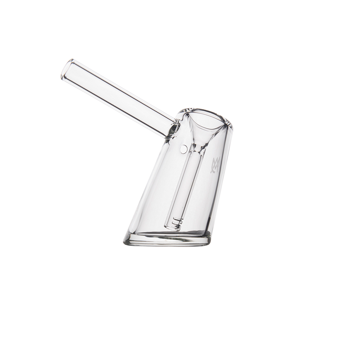 MJ Arsenal Fulcrum Bubbler, clear borosilicate glass, angled side view on white background