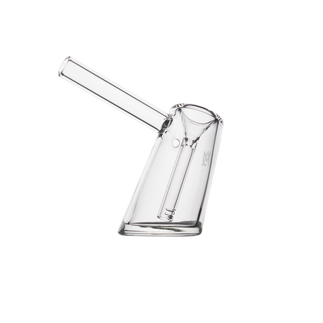 MJ Arsenal Fulcrum Bubbler, clear borosilicate glass, angled side view on white background