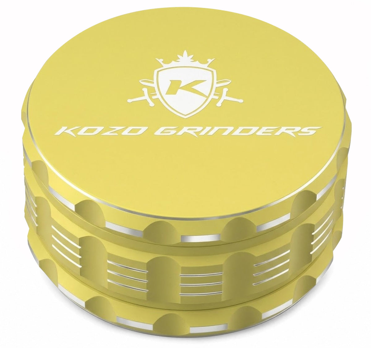 Kozo 4 inch four-piece non-stick aluminum grinder in yellow, closed front view with the Kozo logo on the lid