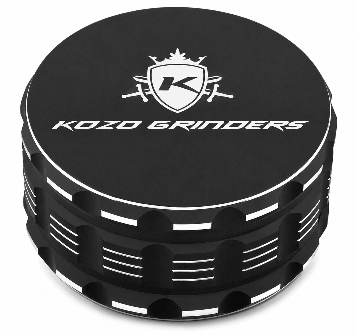 Kozo 3.5 inch ceramic non-stick aluminum grinder in black, closed front view with the Kozo logo on the lid