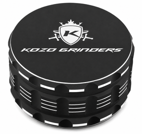 Kozo 3.5 inch ceramic non-stick aluminum grinder in black, closed front view with the Kozo logo on the lid