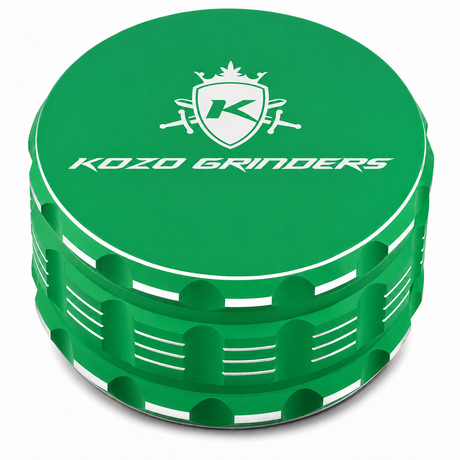 Kozo 3.5 inch ceramic non-stick aluminum grinder in green, closed front view with the Kozo logo on the lid
