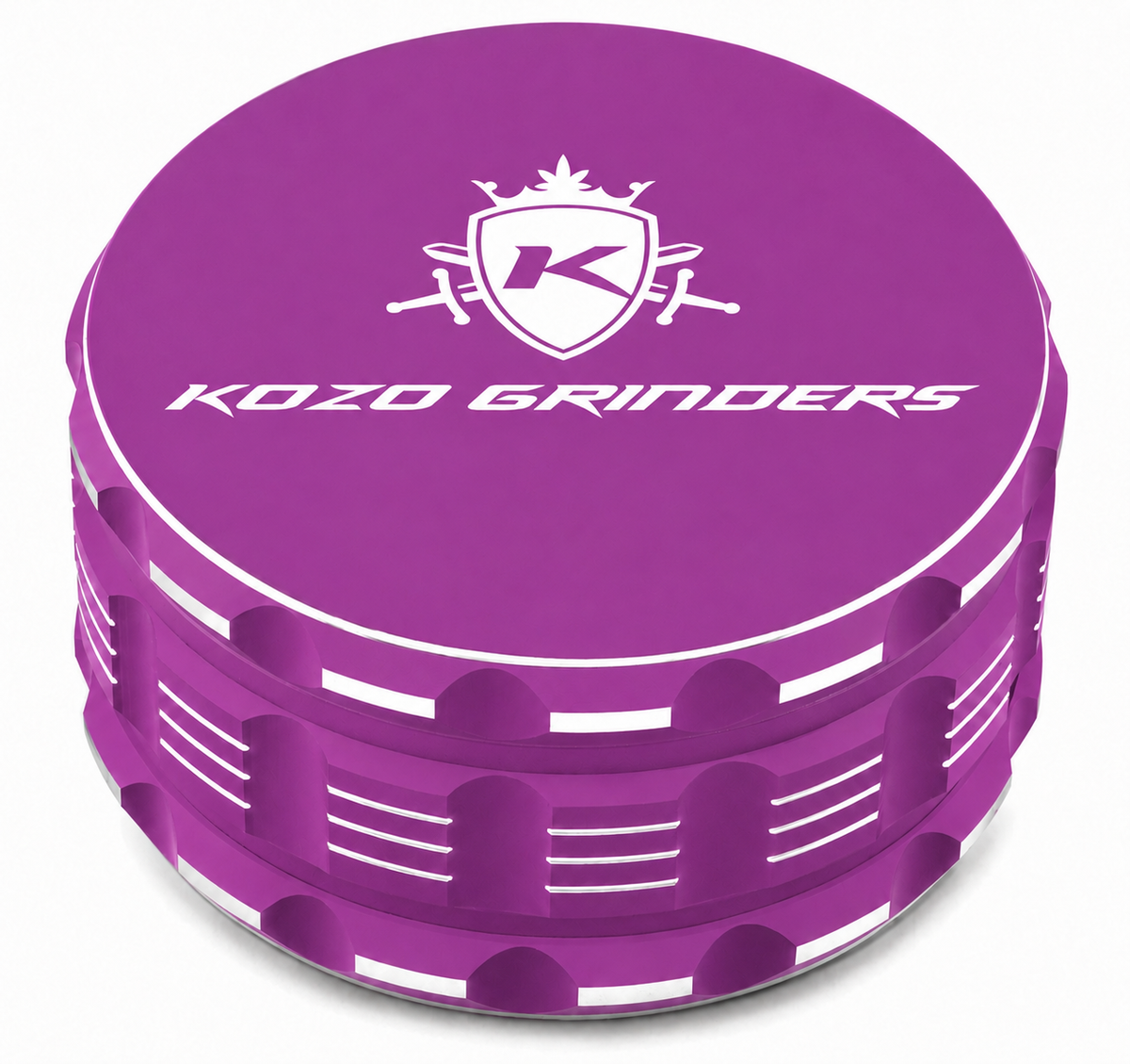 Kozo 3.5 inch ceramic non-stick aluminum grinder in purple, closed front view with the Kozo logo on the lid