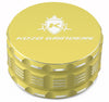 Kozo 3.5 inch ceramic non-stick aluminum grinder in yellow, closed front view with the Kozo logo on the lid