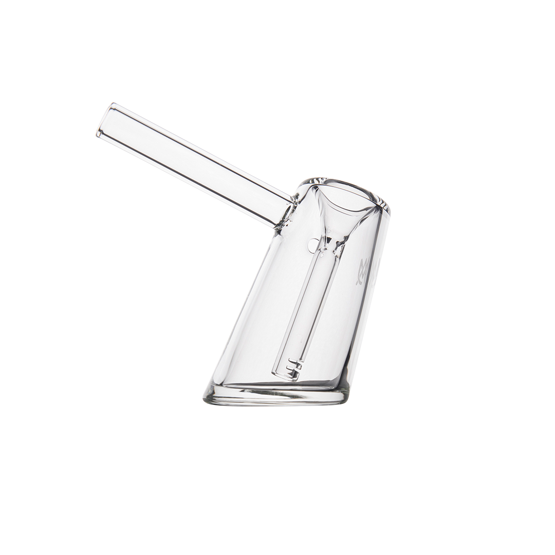 MJ Arsenal Fulcrum Bubbler made of Borosilicate, angled side view on a black background